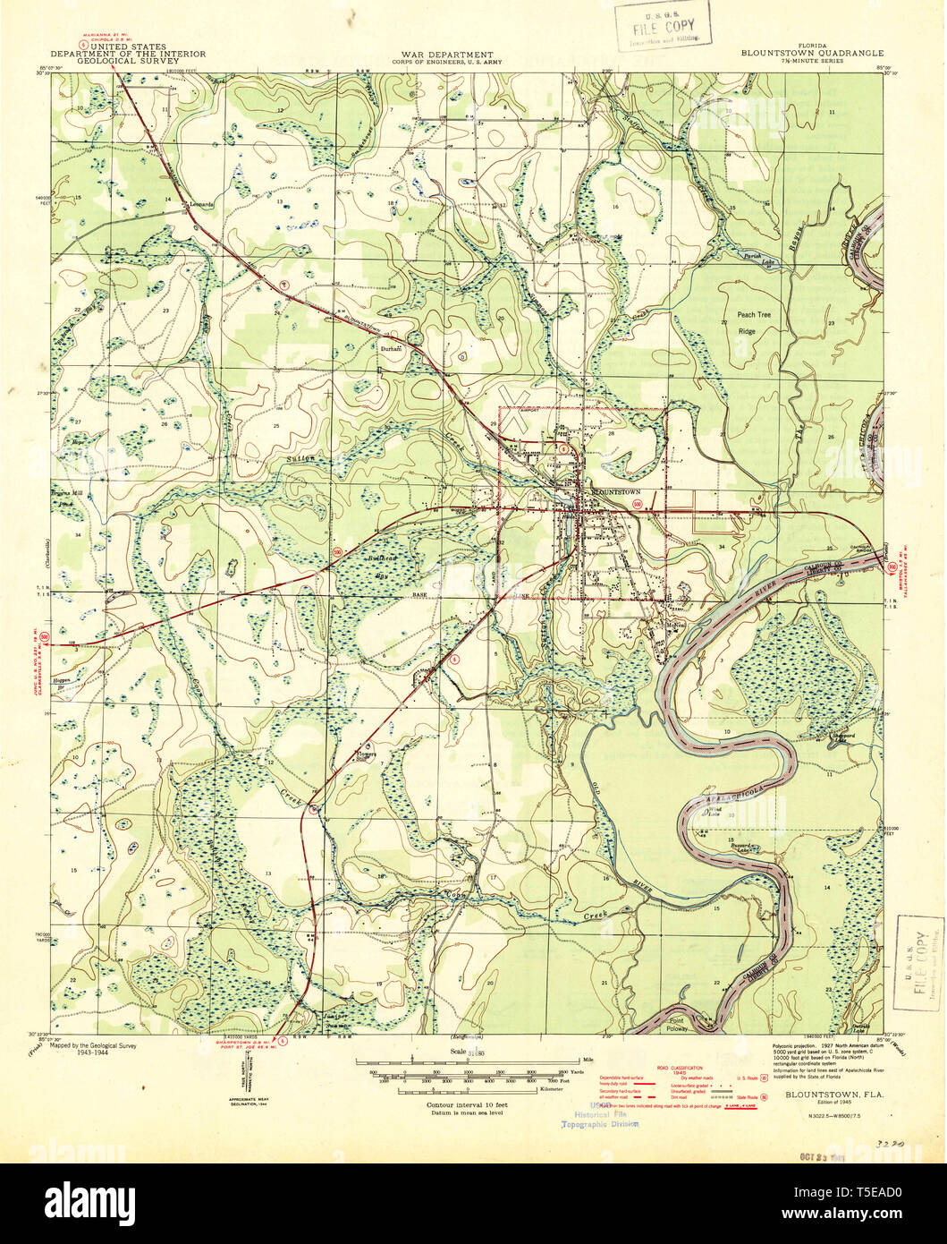 USGS TOPO Map Florida FL Blountstown 345223 1945 31680 Restoration Stock Photo