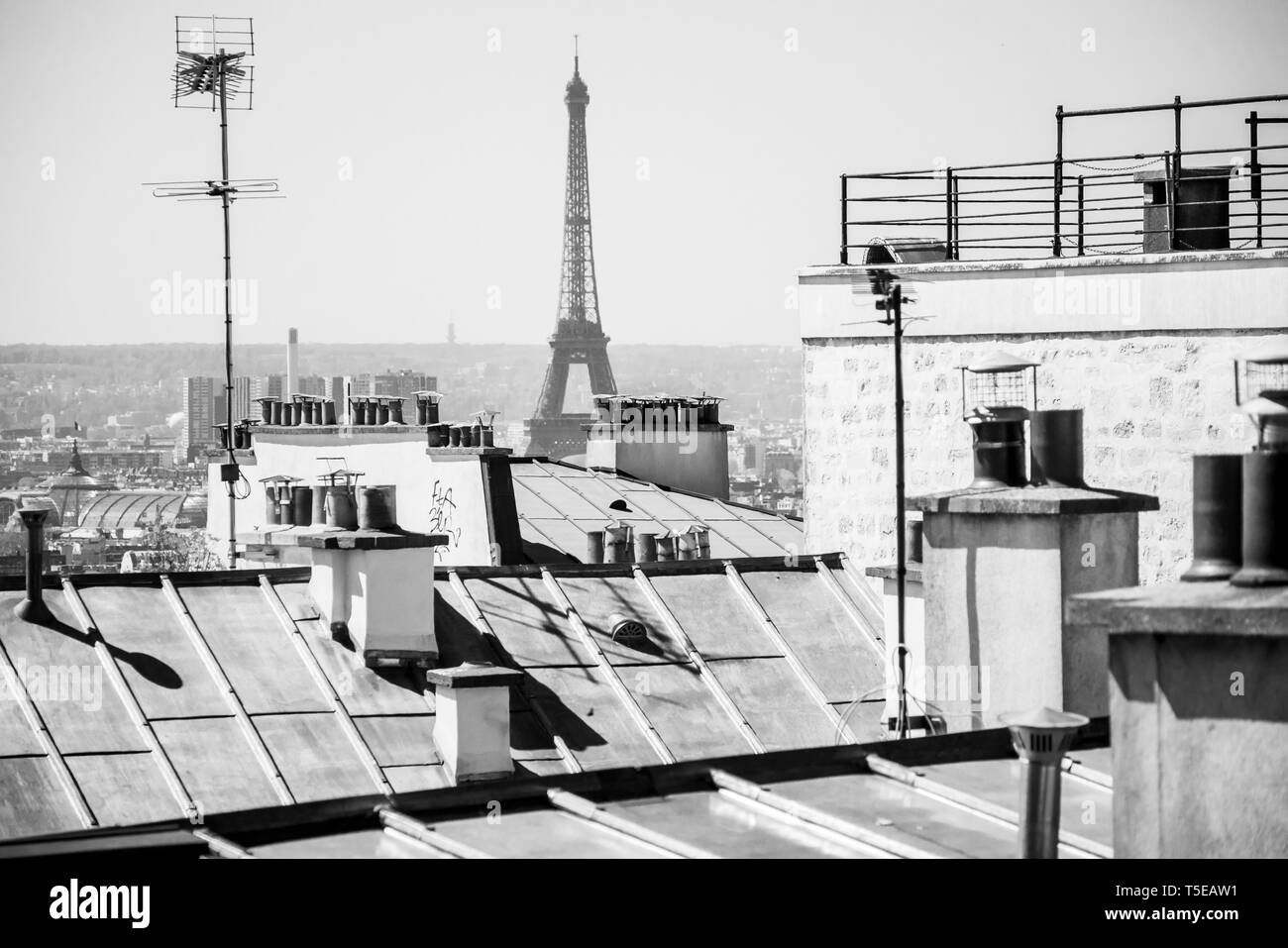 Eiffel tower seen over Paris rooftops Stock Photo