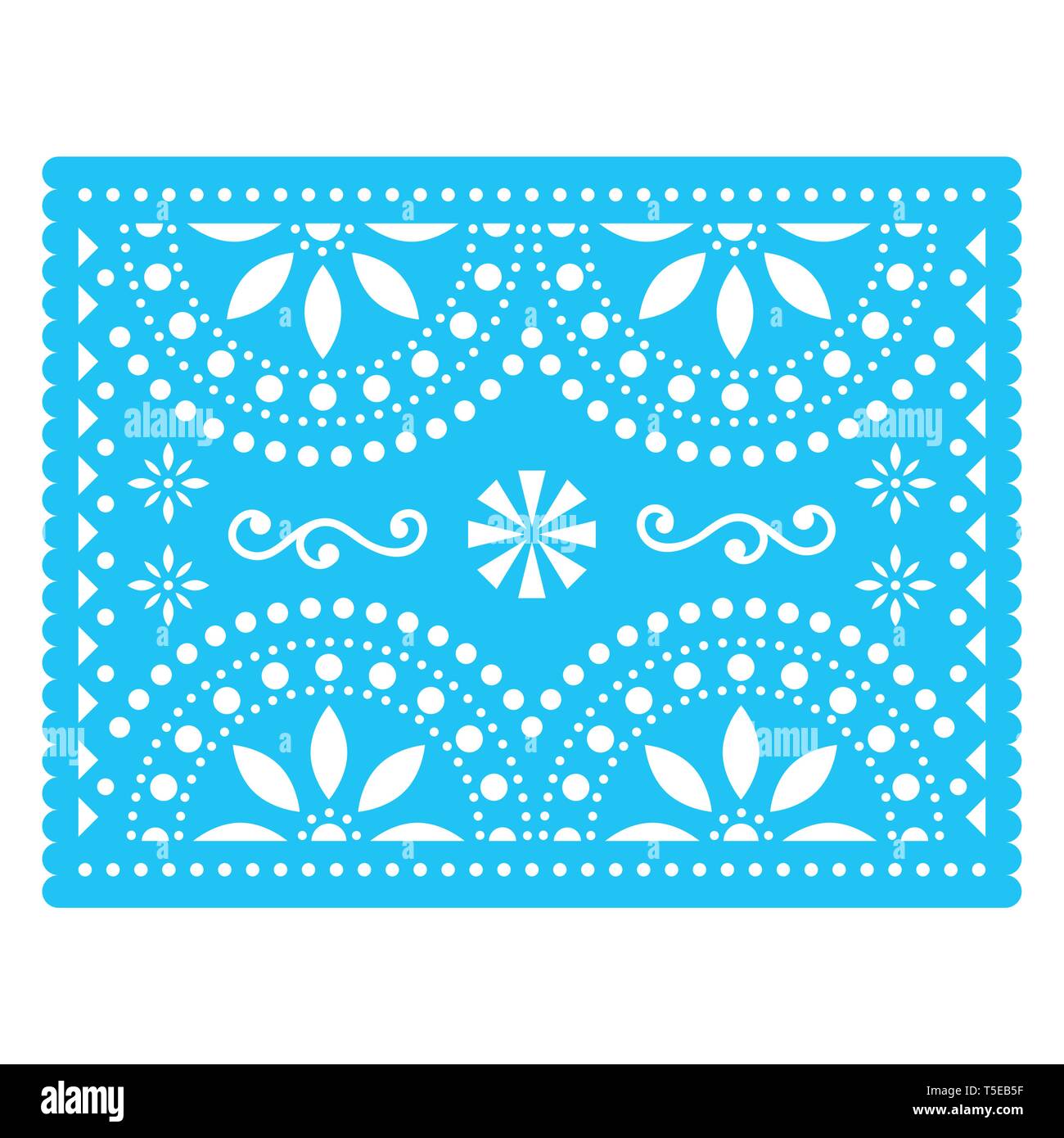 Papel Picado vector design, Mexican cut out paper decorations with flowers and geometric shapes, traditional fiesta banner in blue Stock Vector