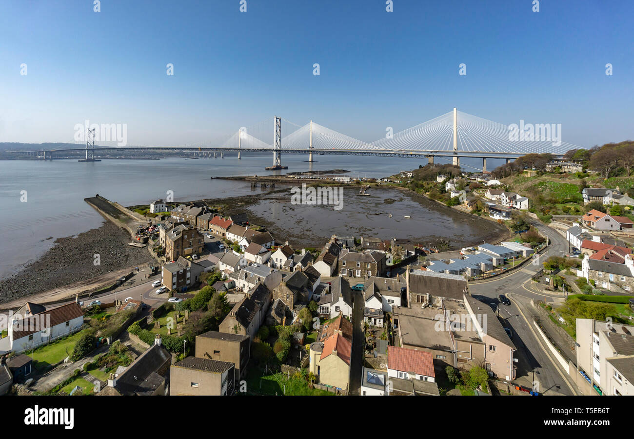 Firth of Forth North Queensferry Forth Road Bridge and Queensferry Crossing from North Queensferry Fife Scotland UK Stock Photo