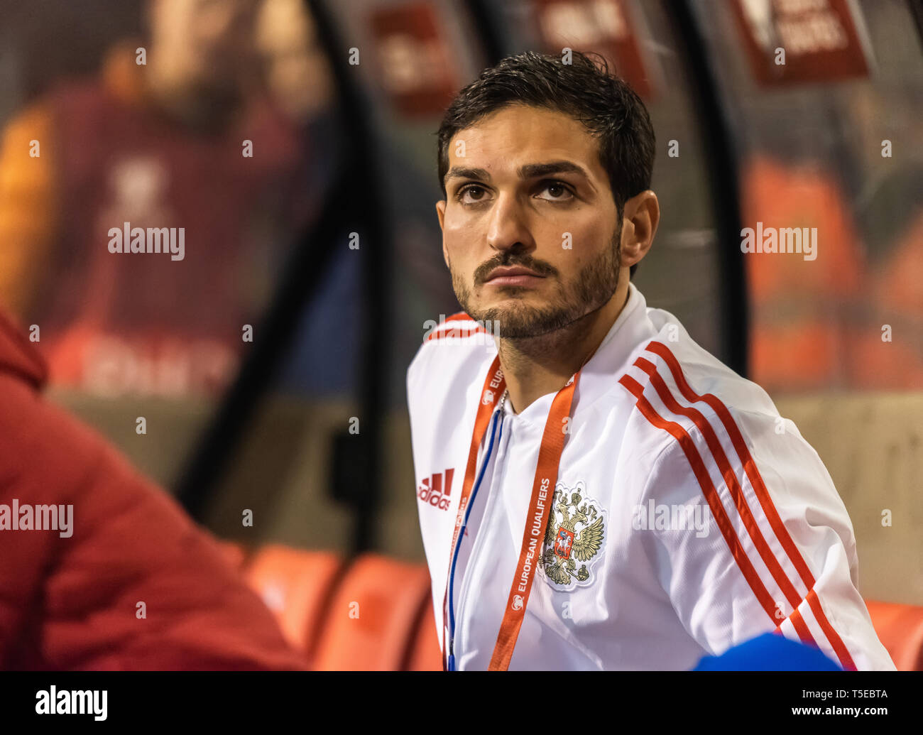 Brussels, Belgium - March 21, 2019. Substitute Russia national football team midfielder Magomed Ozdoyev before UEFA Euro 2020 qualification match Belg Stock Photo