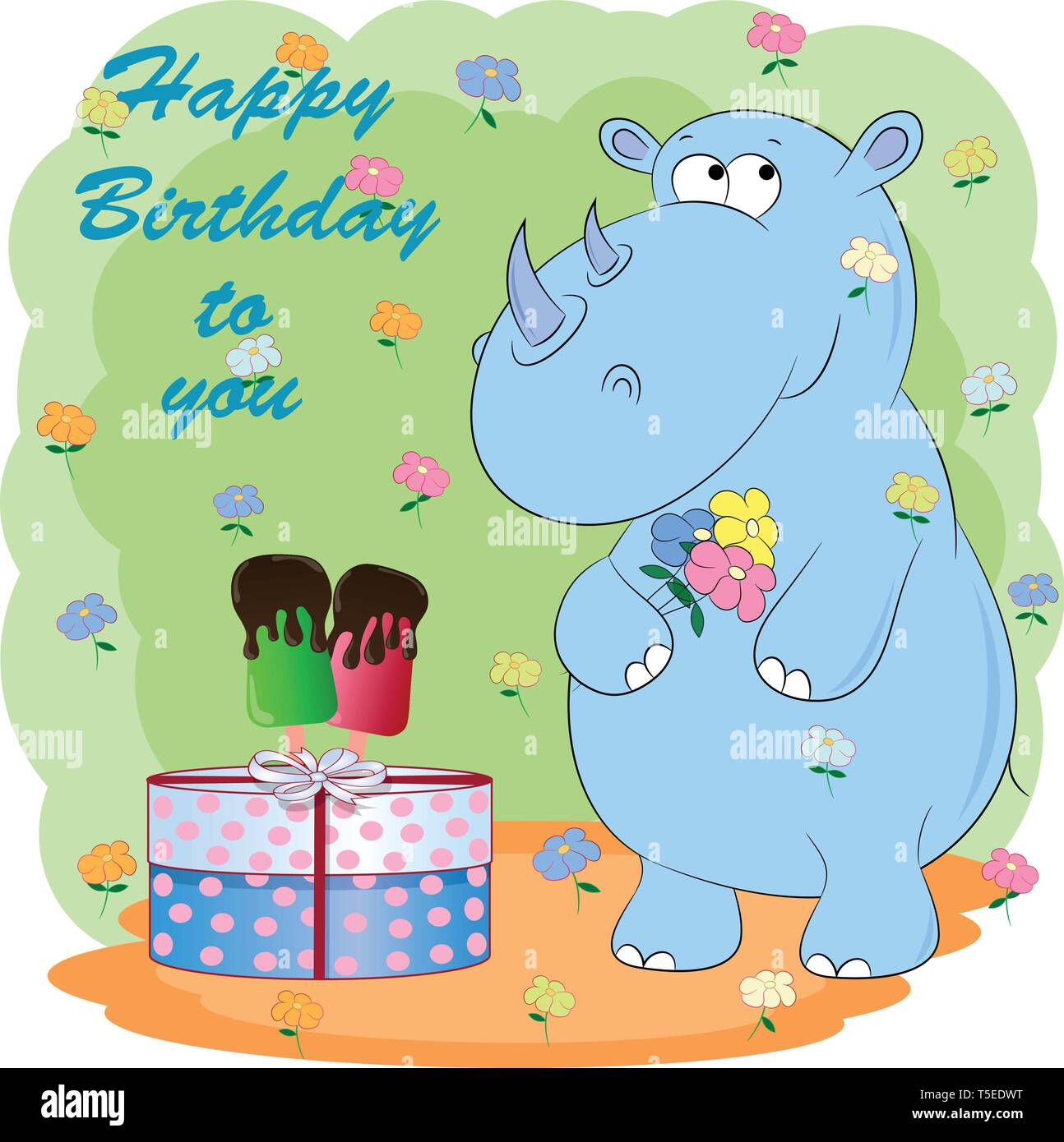 birthday greeting card with rhino. cartoon vector illustration Stock