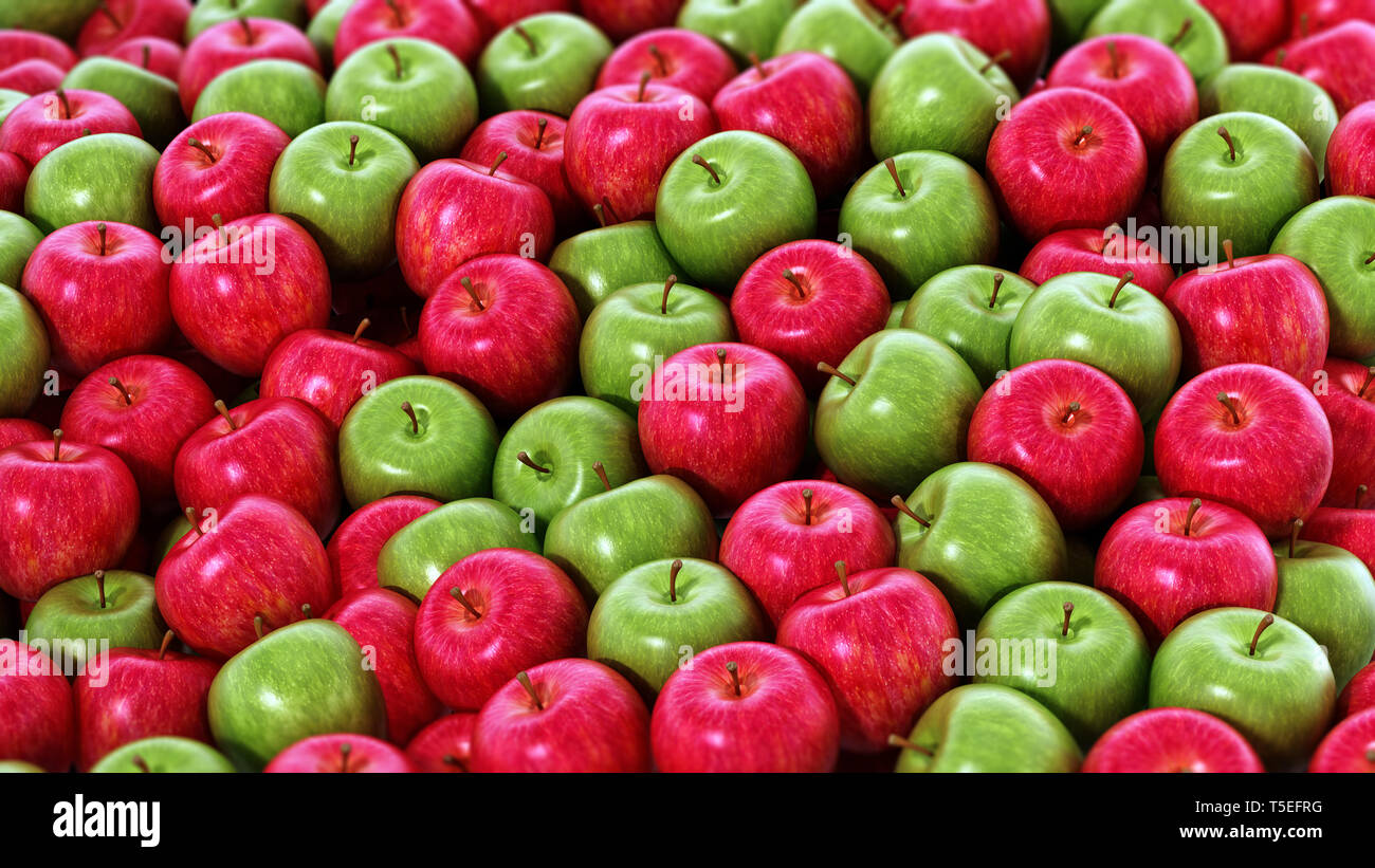 Stack of fresh green and red apples. 3D illustration. Stock Photo