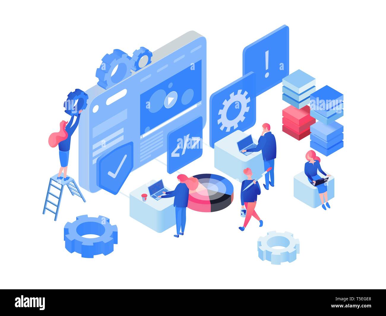 Software, web development isometric vector illustration. Programmers, developers characters coding, team working, collaborating 3D clipart. App, website optimization process isolated design element Stock Vector