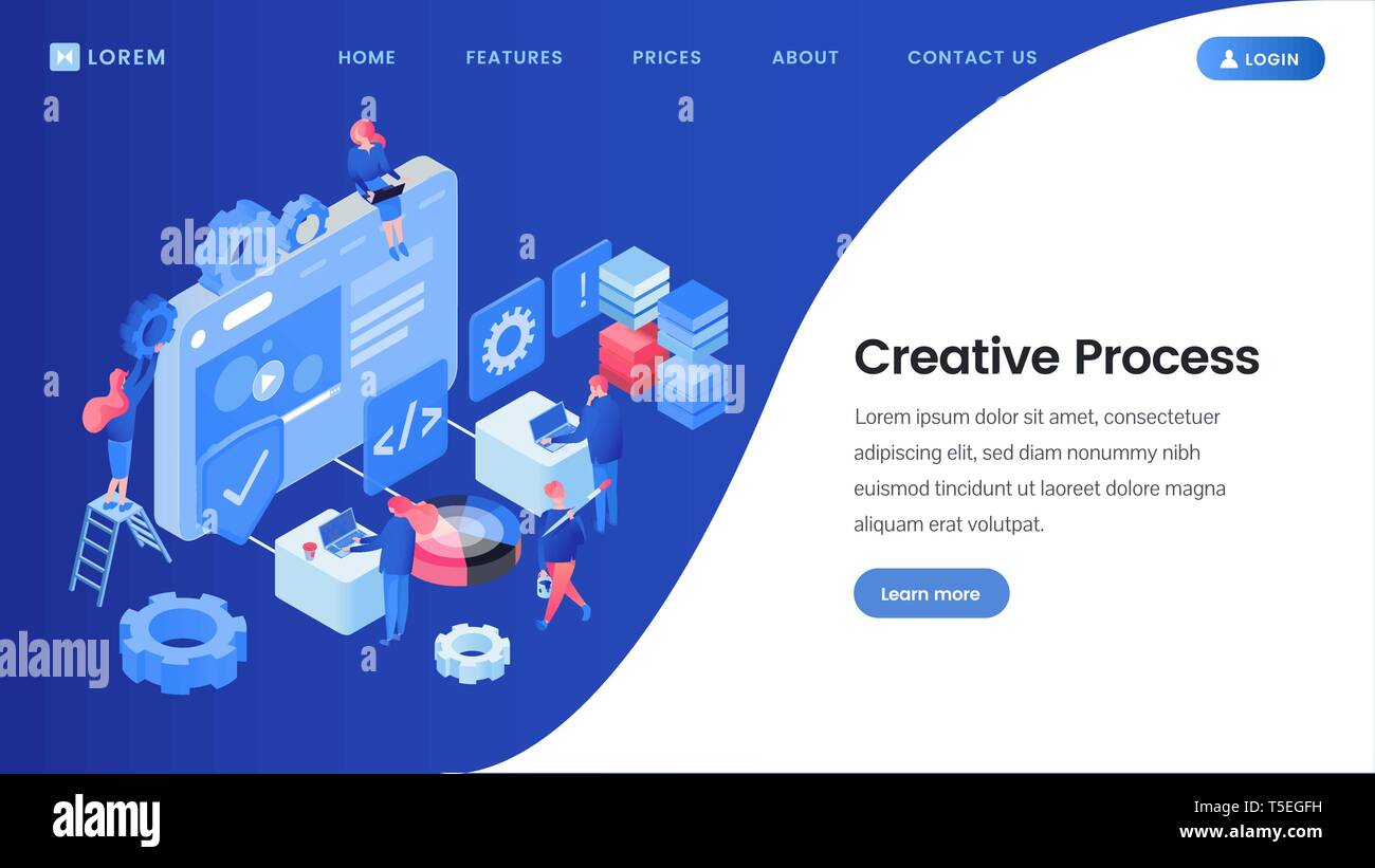 Creative process landing page isometric template. SEO, web design studio workers brainstorming, searching ideas 3D vector website homepage. App software developers, programmers coworking, team working illustration Stock Vector