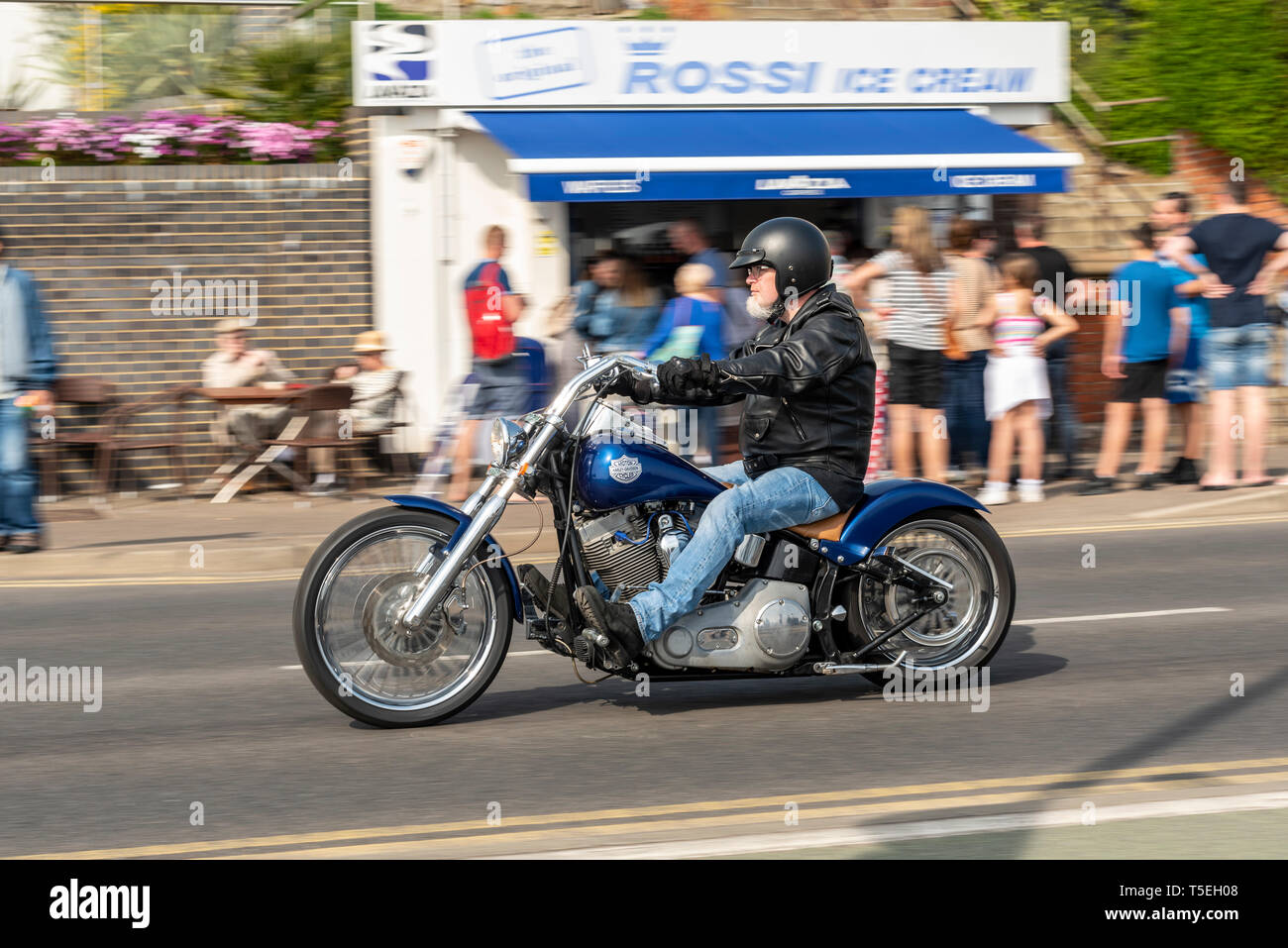 Male riding a Harley Davidson motorbike at the Southend Shakedown