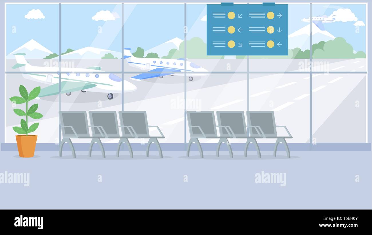 Empty airport terminal interior vector illustration. Seats rows, benches in  departure lounge, waiting room, hall flat color drawing. International  airlines, cartoon airplanes landing, flying Stock Vector Image & Art - Alamy