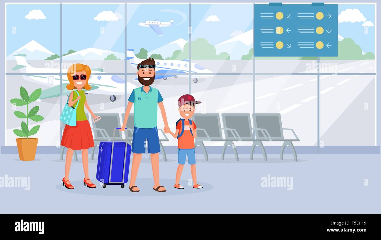 Family in airport terminal flat illustration. Cartoon characters with luggage at departure lounge, waiting room vector drawing. Mother, father with son going on summer vacation, abroad traveling Stock Vector Image & Art - Family in airport terminal flat illustration. Cartoon characters with luggage at departure lounge, waiting room vector drawing. Mother, father with son going on summer vacation, abroad traveling Stock Vector Image & Art -
