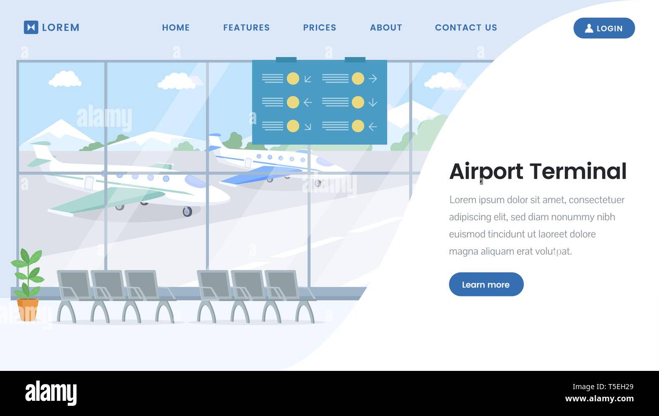 Airport terminal landing page vector template. Empty departure lounge