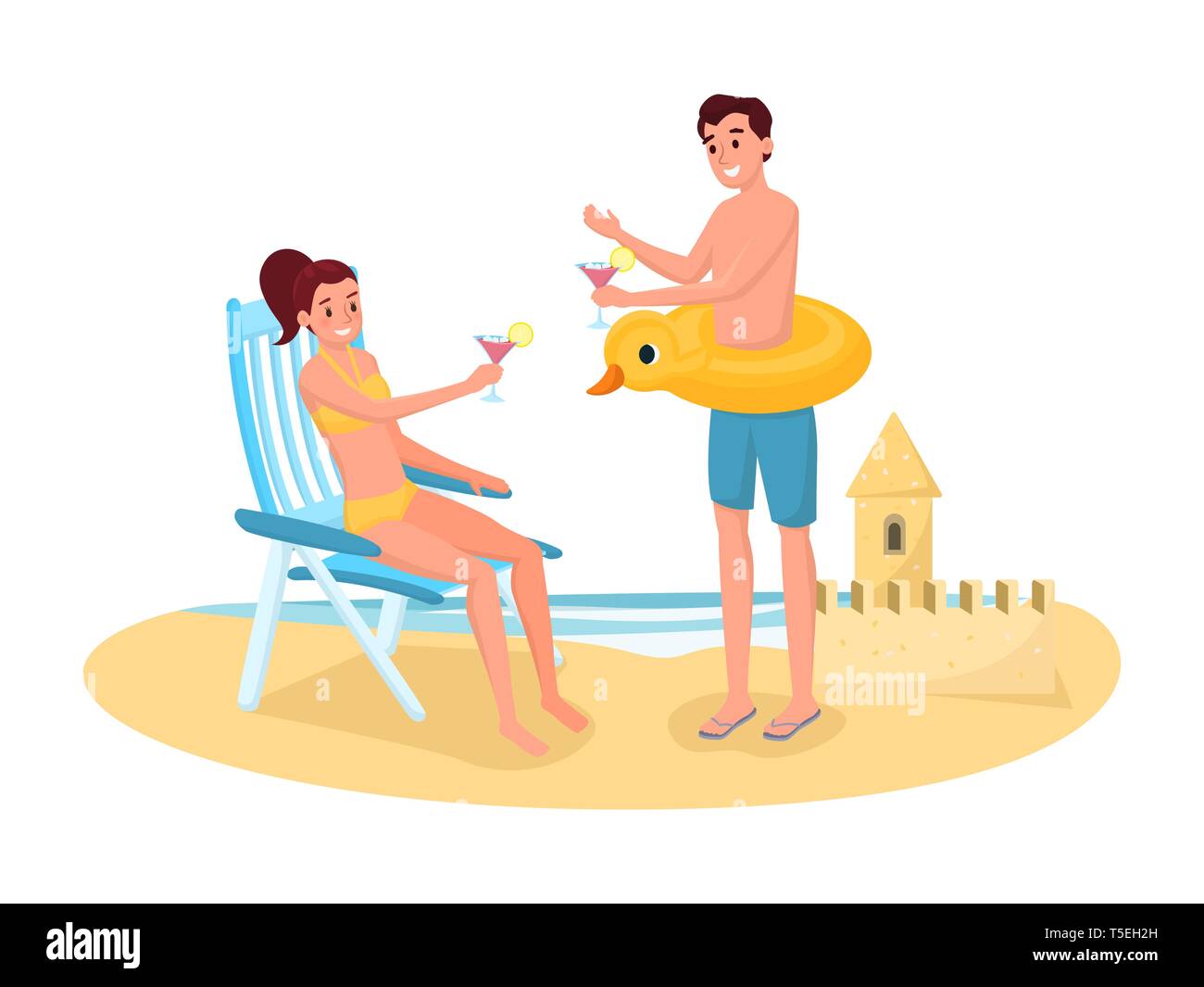 Summer season outdoor activities vector illustration. Man and woman on honeymoon, holiday vacation isolated clipart. Cartoon couple drinking cocktails, sunbathing on beach design element Stock Vector