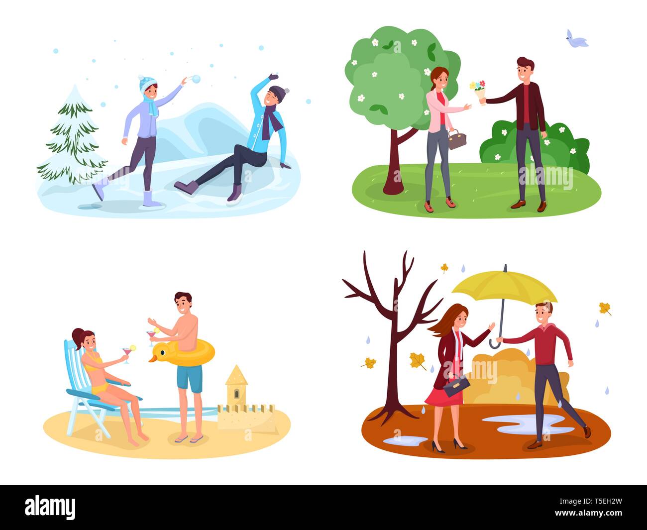 Seasonal outdoor activities vector illustrations set. Winter games, spring landscape, summer holiday vacation, autumn rain. Man and woman playing snowballs, strolling in park, sunbathing cliparts pack Stock Vector
