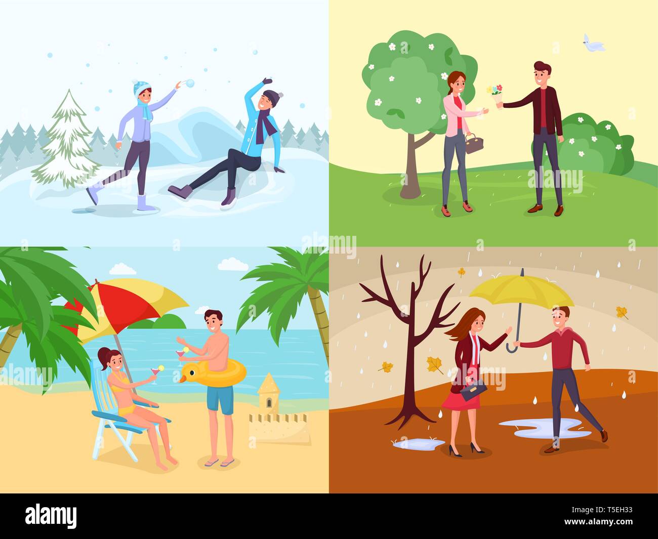 Seasonal outdoor activities flat illustrations set. Winter games, spring landscape, summer holiday vacation vector drawing pack. Man and woman at sea, mountain resort, couple strolling, dating in park Stock Vector