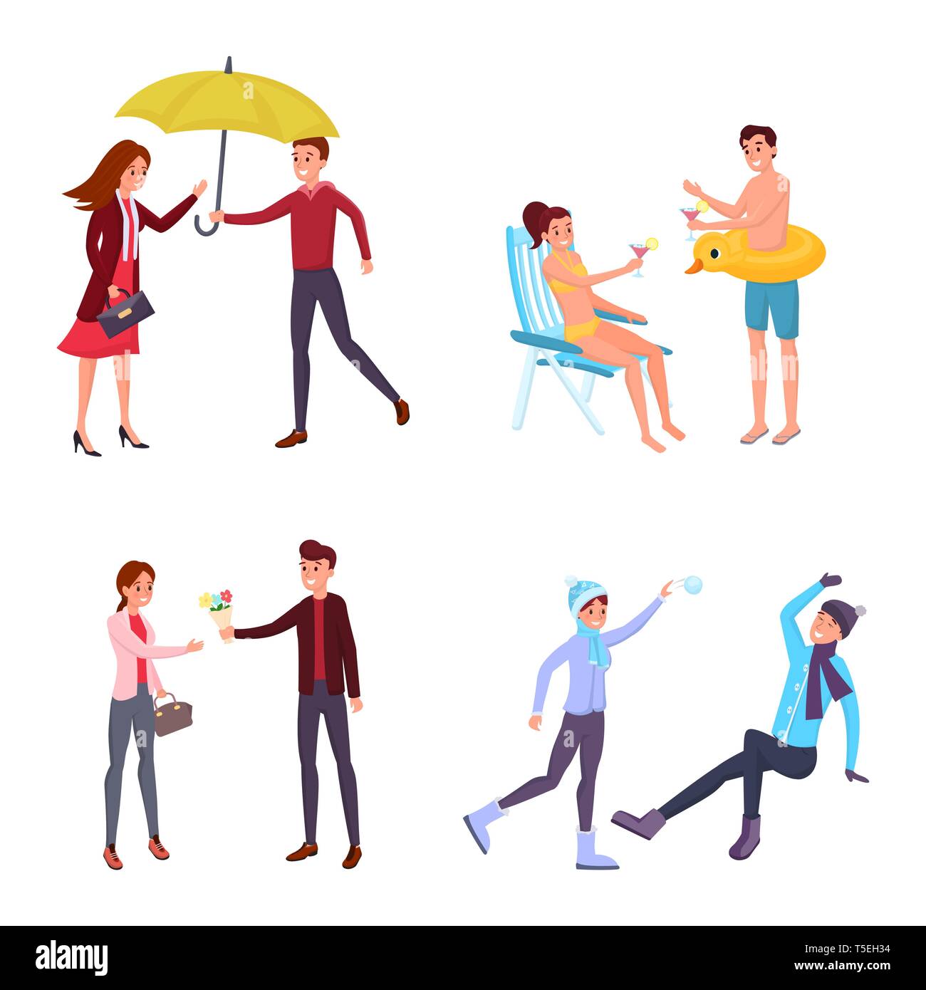 Couple seasonal outdoor activities illustrations set. Winter games, romantic date, summer holiday vacation isolated cliparts pack. Man and woman walking in park, sharing umbrella, sunbathing on beach Stock Vector