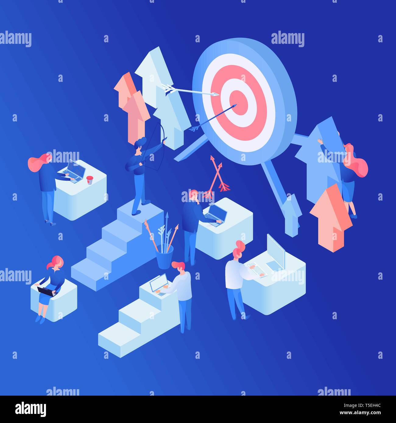 Marketers teamwork isometric vector illustration. Business development strategy, SEO workflow optimization process flat concept. Workers, colleagues, programmers working together isolated characters Stock Vector