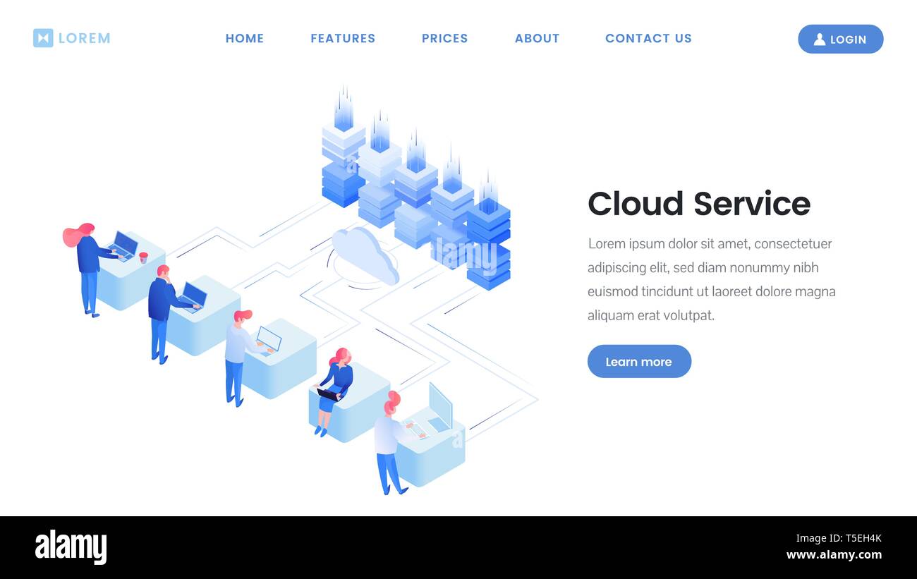 Cloud service landing page vector template. Data web storage, cloud computing isometric illustrations with site navigation, menu. Software development, programmers coding process website mockup Stock Vector