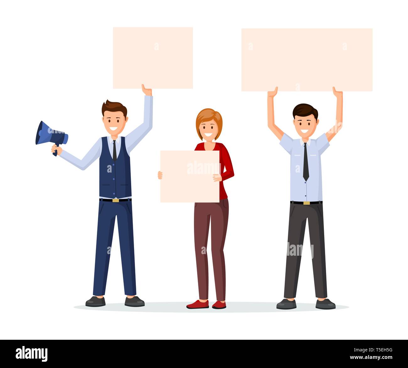 Marketers with advertising placards vector illustration. Promotion, marketing campaign, strategy flat concept. People, managers, advertiser holding empty banners, poster for text isolated clipart Stock Vector