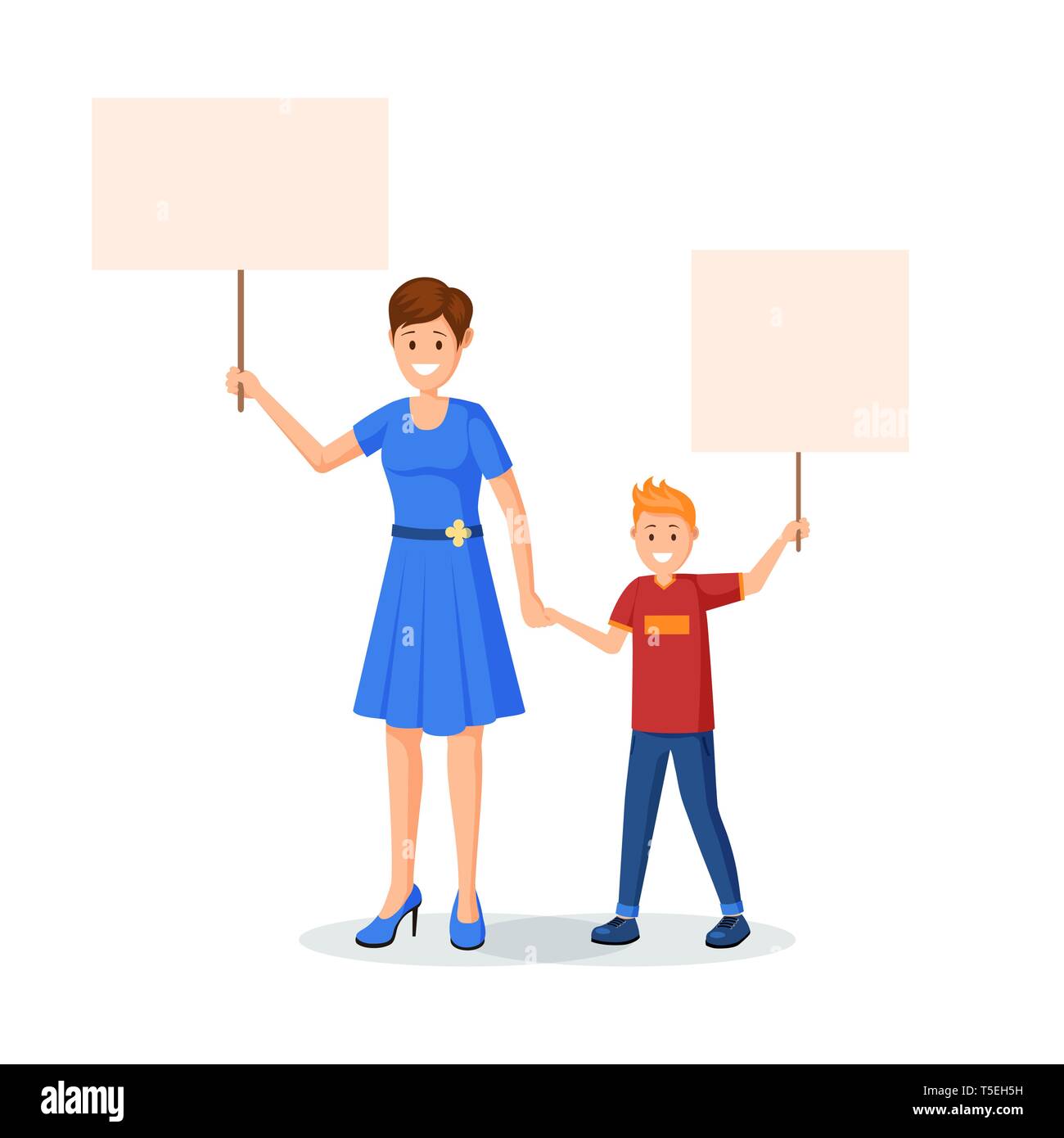 Mother with kids protesting vector illustration. Mom and son holding empty placards on meeting, demonstration isolated character. Children rights protection, young protestors flat design element Stock Vector