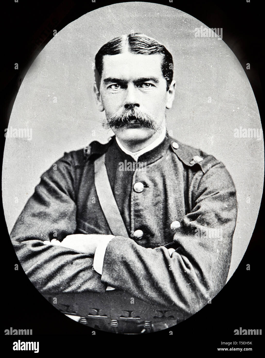 Early photograph of Field Marshal Horatio Herbert Kitchener, 1st Earl Kitchener, KG, KP, GCB, OM, GCSI, GCMG, GCIE, PC (/24 June 1850 – 5 June 1916), a senior British Army officer and colonial administrator who won notoriety for his imperial campaigns, most especially his scorched earth policy against the Boers and his establishment of concentration camps during the Second Boer War, and later played a central role in the early part of the First World War. In 1914, at the start of the First World War, Kitchener became Secretary of State for War, Stock Photo