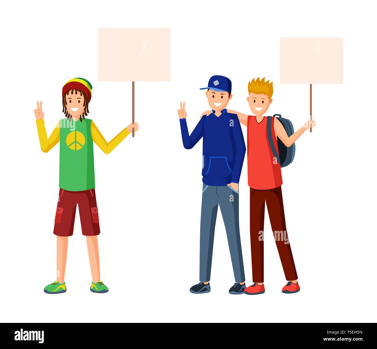 Youth social movement flat vector illustration. Teenagers protesting, protect human rights with empty placards mockup. Students meeting, youth subculture demonstration, school strike concept Stock Vector