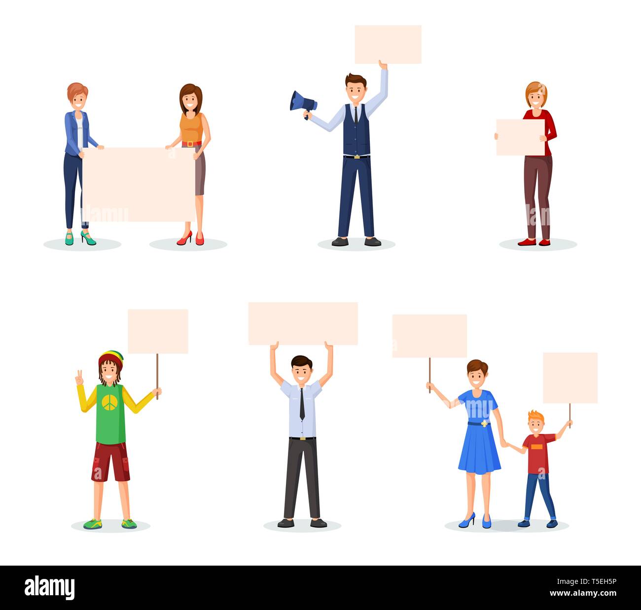 Activists with empty placards flat illustrations. Protestors, meeting participants with blank posters for text mockups. Protest, demonstration, marketing promotion, rights protection cliparts set Stock Vector