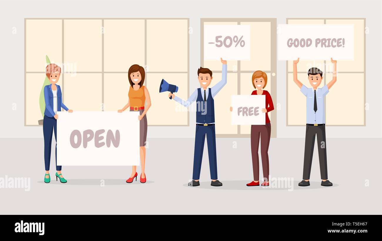 Store grand opening flat vector illustrations. Shop workers, managers, marketers holding in hands promotional banners, placard characters. Seasonal sale, special offers, discounts announcement posters Stock Vector