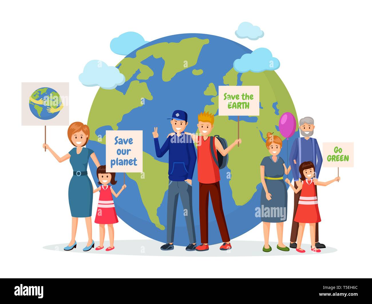 Environmental activists with posters flat illustration. Nature protection, Earth planet saving, eco conservation, green technology meeting. Protest action against pollution, ecological problem concept Stock Vector