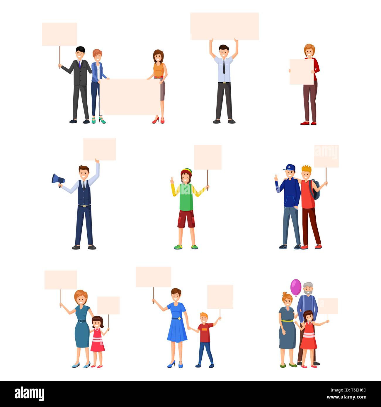 Activism, rights protection flat illustrations set. Young people, adults, kids, teenagers participating in social movement, protest events and actions. Protestors with empty placards characters Stock Vector