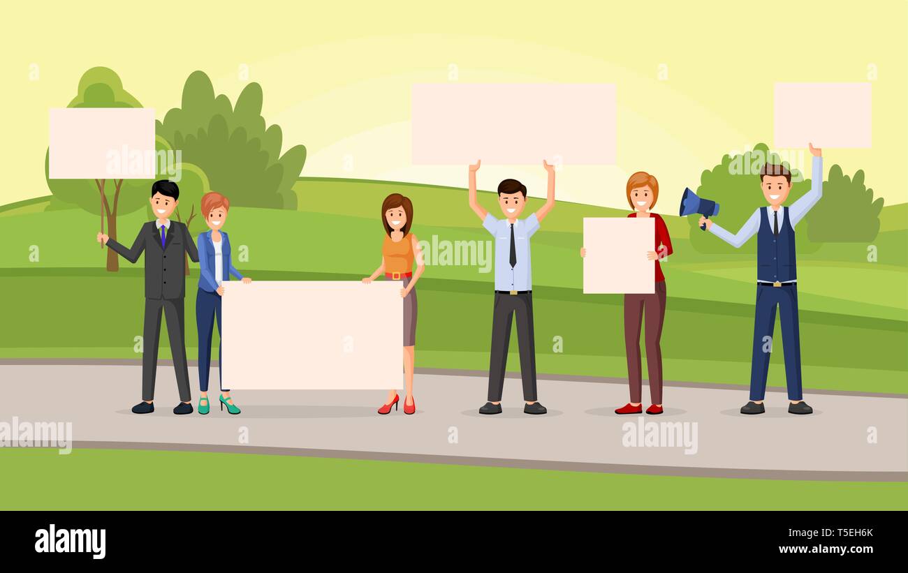 Street promotional campaign flat vector illustration. Students protest, unconventional participation, meeting, public opinion concept. Young people group with empty placards, banners for text Stock Vector