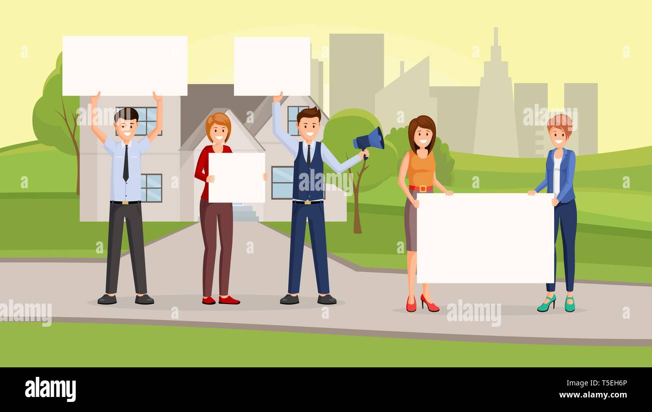 Real estate promotional campaign flat illustration. Protesters near house, unconventional participation, street meeting, strike. Marketers, activists holding placards for text cartoon characters Stock Vector
