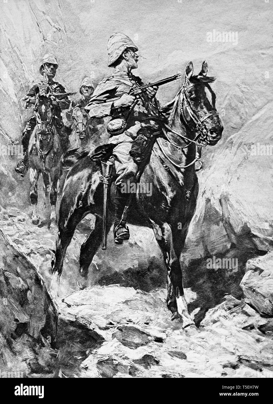 Illustration from the Illustrated London News in 1900, showing British Cavalry Soldiers during the Boer war in Southern Africa. Stock Photo