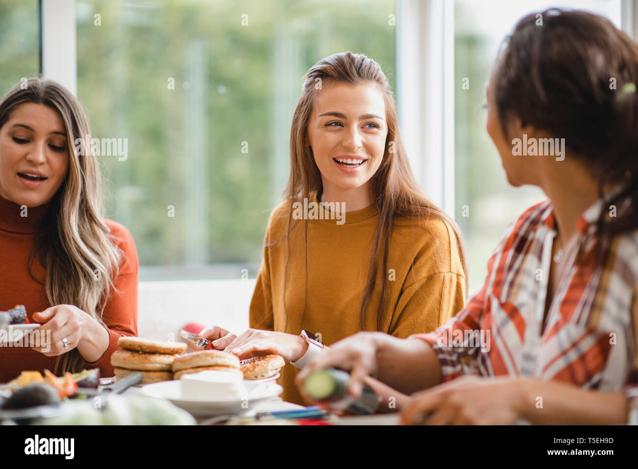 young female adult talking to her friend while having a healthy lunch. They are sitting inside of a conservatory, enjoying themselves. Stock Photo