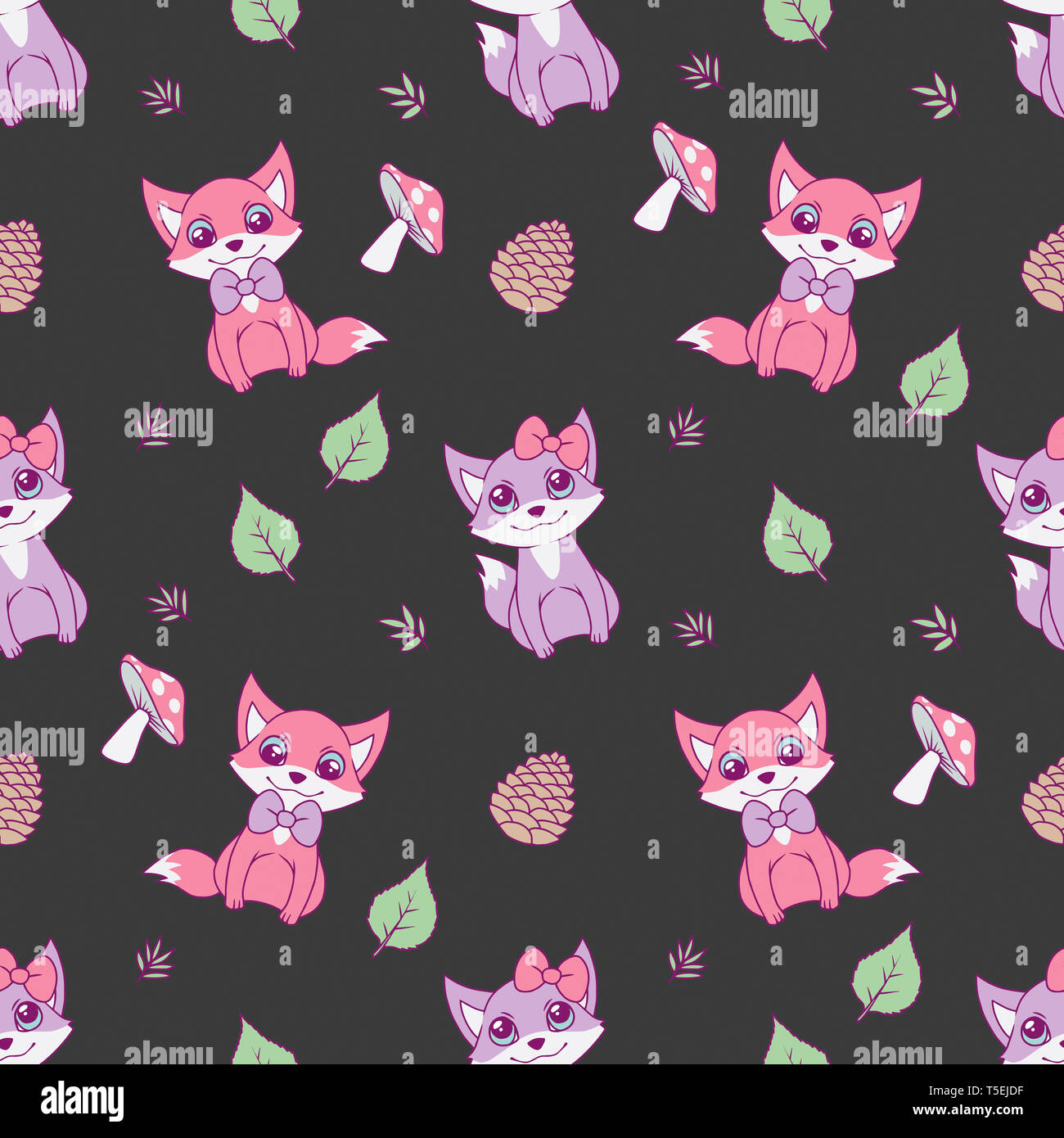 Cute seamless animal pattern for children designs with pastel pink and violet foxes, leaves and mushrooms on dark black background Stock Photo