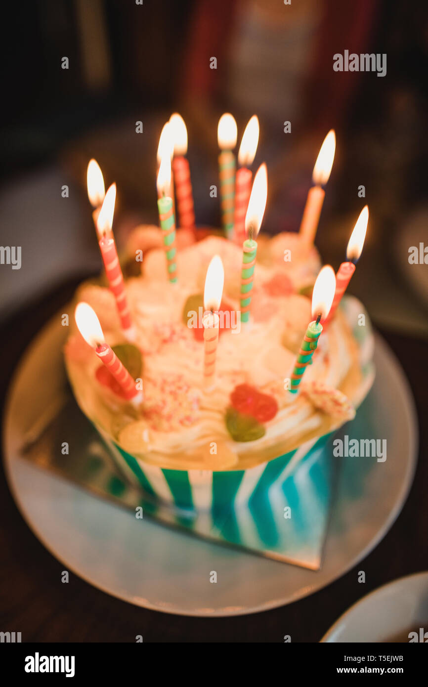 Close-up shot of a birthday cake with candles Stock Photo - Alamy