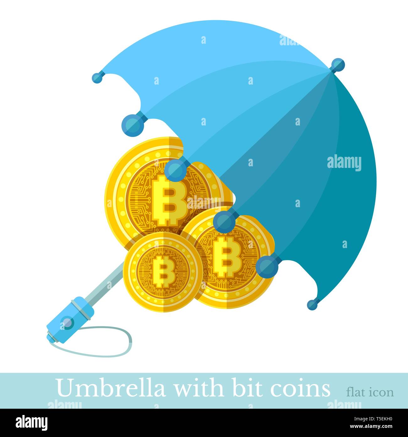 Flat business icon bit coins protected by umbrella Stock Vector