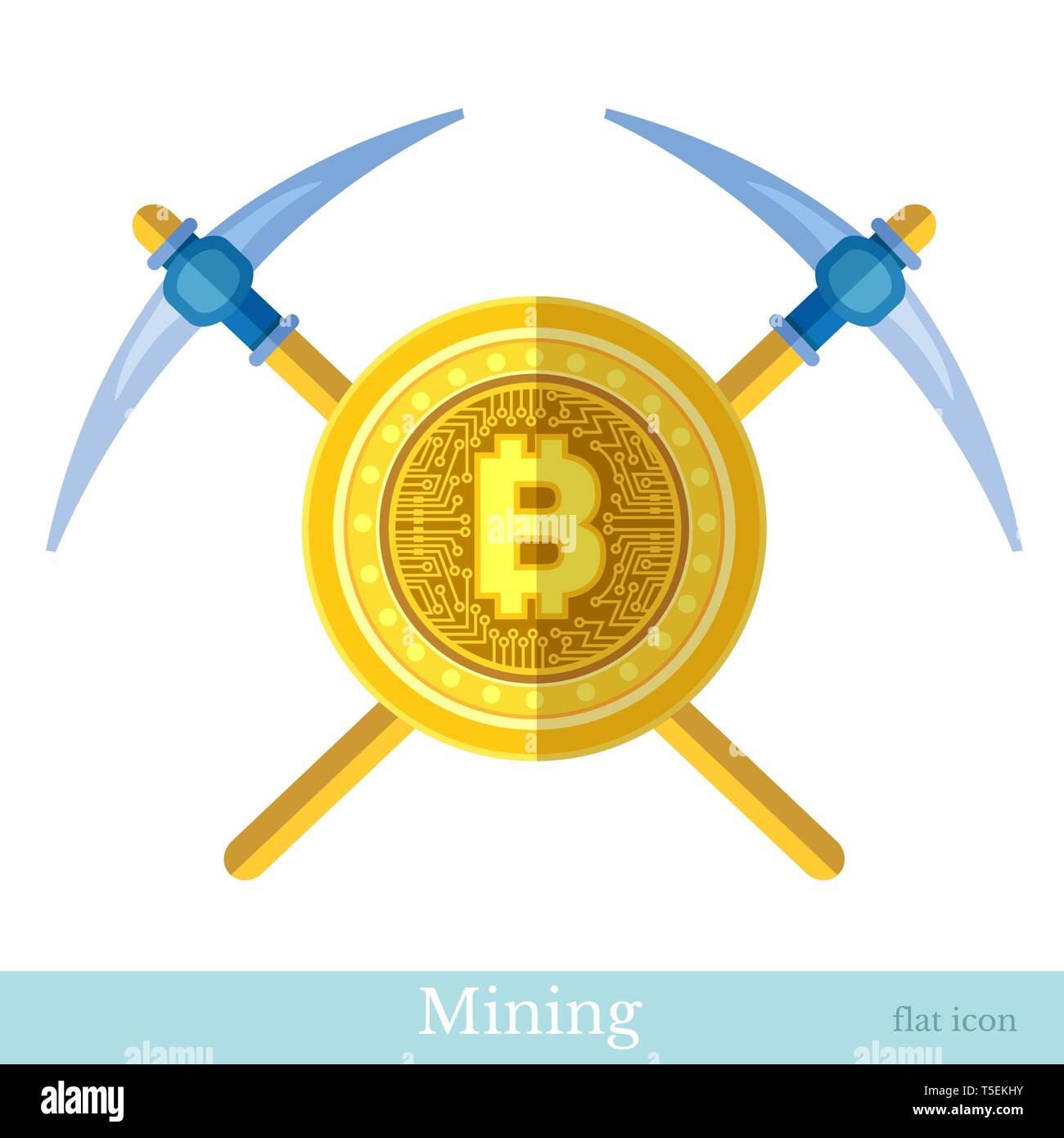 Flat icon with crossed picks and bit coin in center. Mining bit coin ...