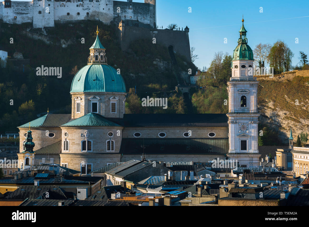 Salzburg Cathedral, full-length view of the Dom - the cathedral church of St Rupert & St Virgil - sited in the Old Town quarter of Salzburg, Austria. Stock Photo