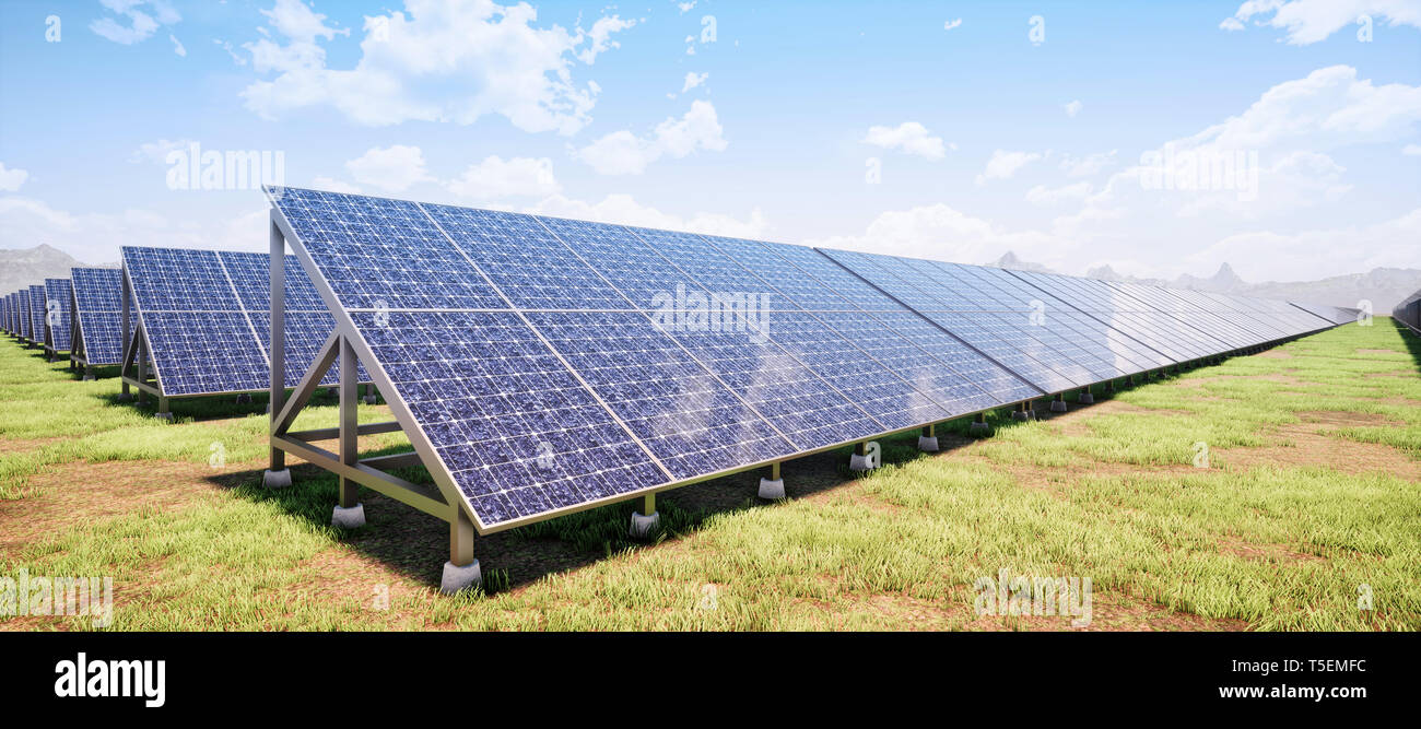 Colorful panoramic landscape: solar power plants. ( 3D rendering ...