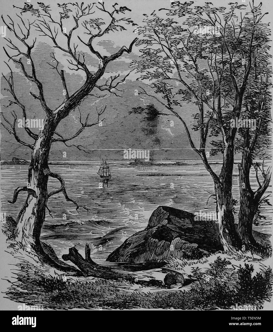 Engraving of the Plymouth Rock in Plymouth, Massachusetts, from the book 'The political history of the United States' by James Penny Boyd, 1888. Courtesy Internet Archive. () Stock Photo