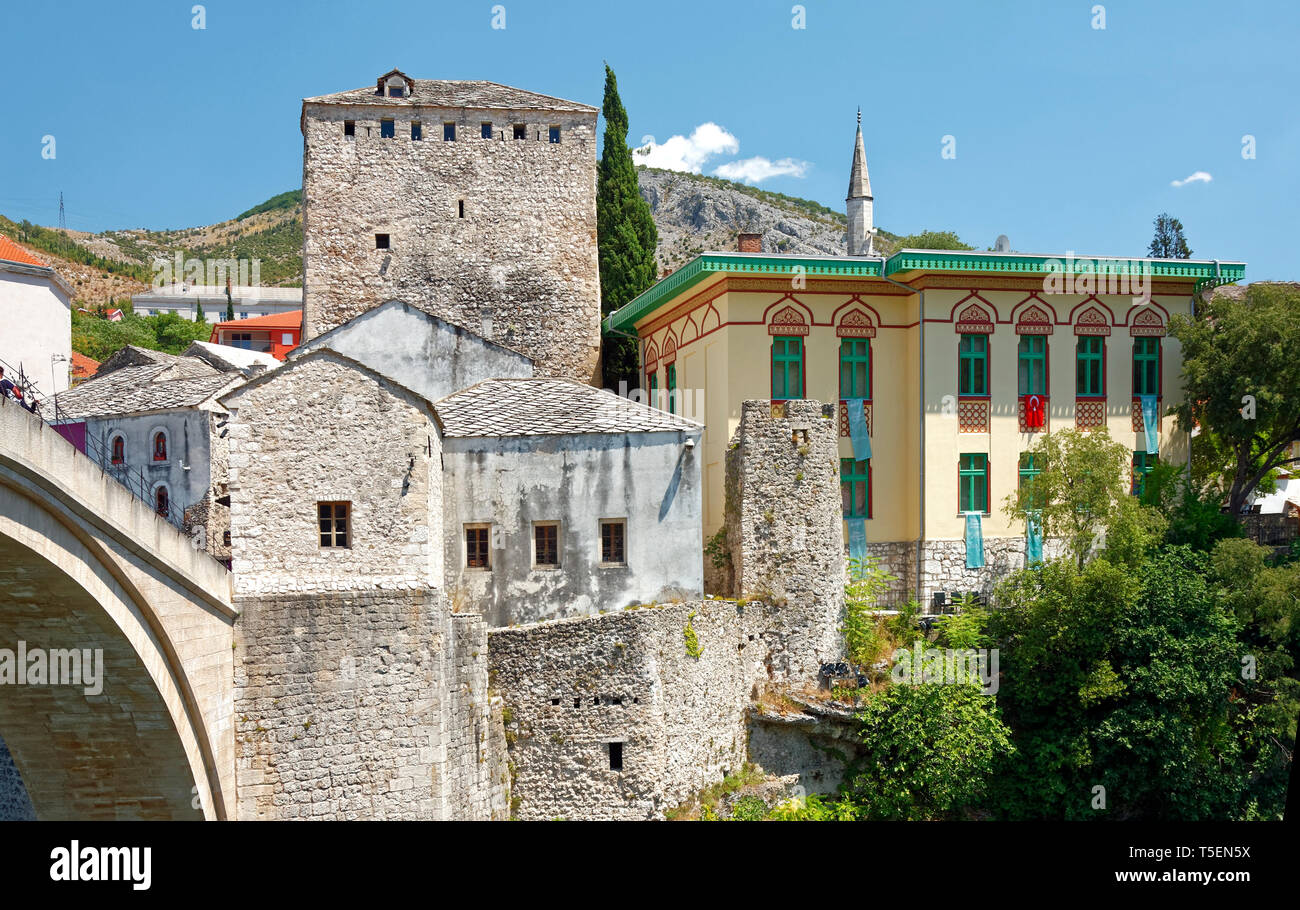 end of Stari Most; Tara Tower, Museum of the Old Bridge decorative building, Mostar; Bosnia Herzegovina; Europe; summer, horizontal Stock Photo