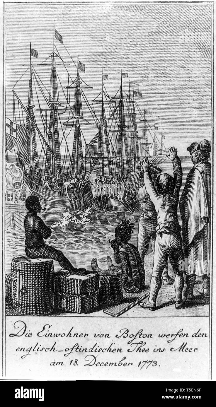 The residents of Boston throw English East India Company tea into the sea on December 16th 1773, Boston Tea Party Stock Photo