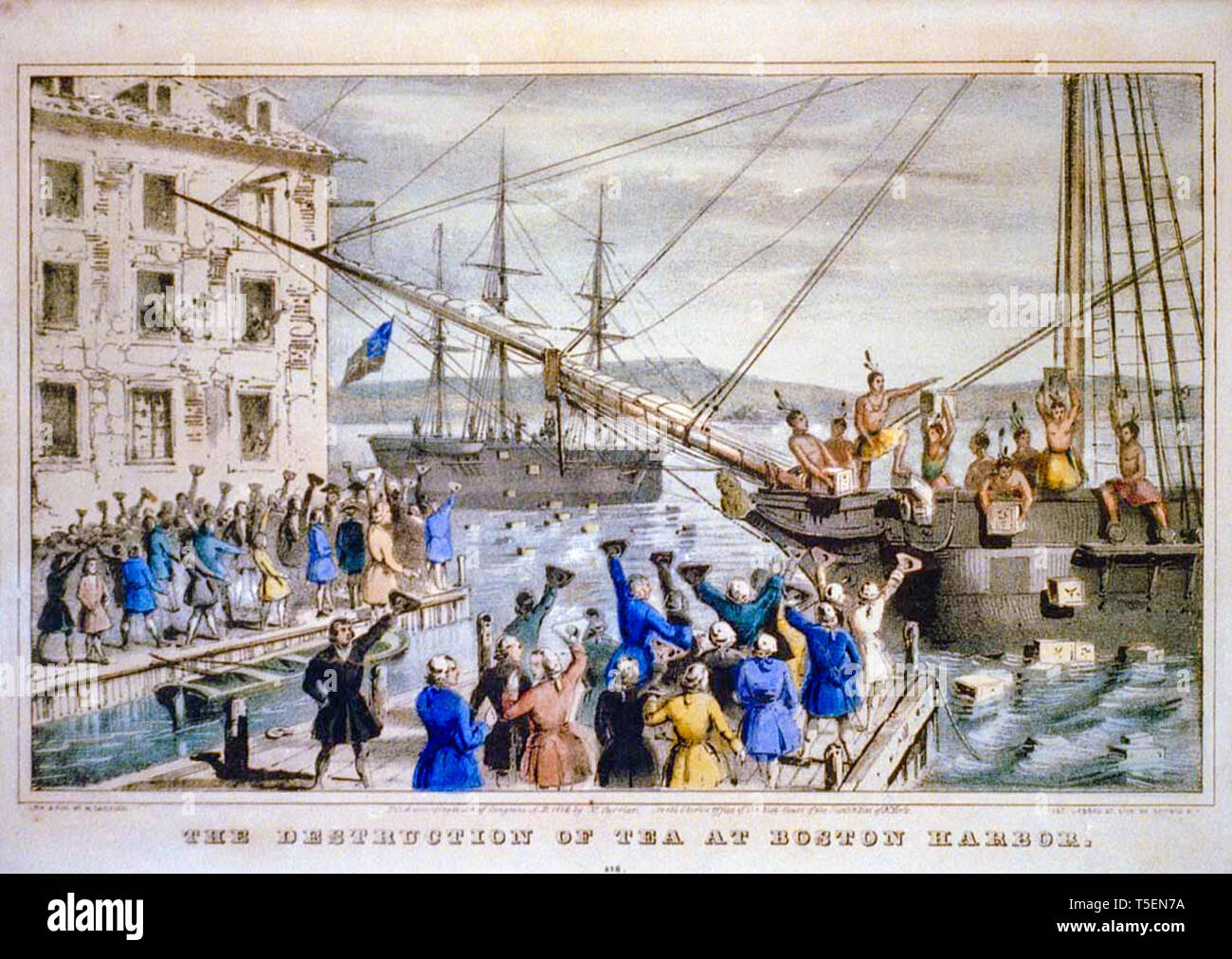 The Destruction of Tea at Boston Harbor, hand coloured engraving depicting the 1773 Boston Tea Party, Nathaniel Currier,1846 Stock Photo