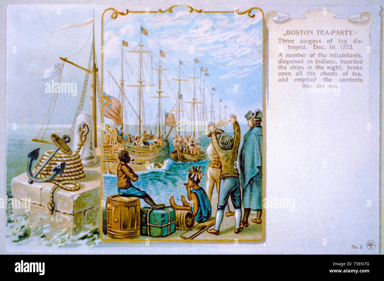 Boston Tea Party, Three cargoes of tea destroyed, December 16th 1773, painting, 1903 Stock Photo