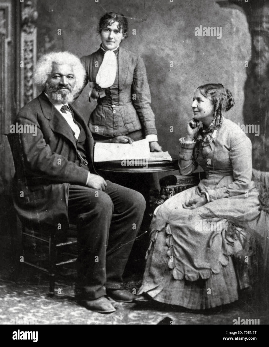 Frederick Douglass (1818-1895), portrait with his second wife Helen Pitts and her sister Eva, unknown date Stock Photo