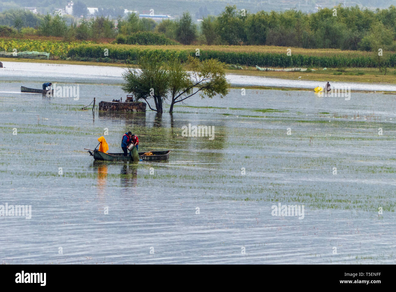 Chinese fishermen fish in a lake near the Old Town of Lijiang, Yunnan, China Stock Photo