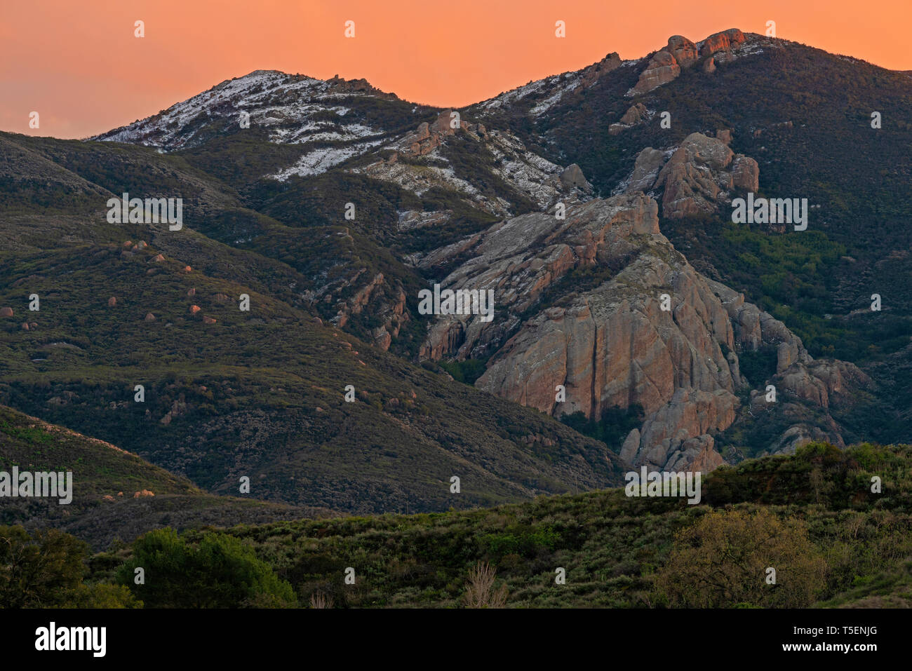 Gorgeous Sunset with snow on top of Boney Mountain in the Santa Monica National Park Stock Photo