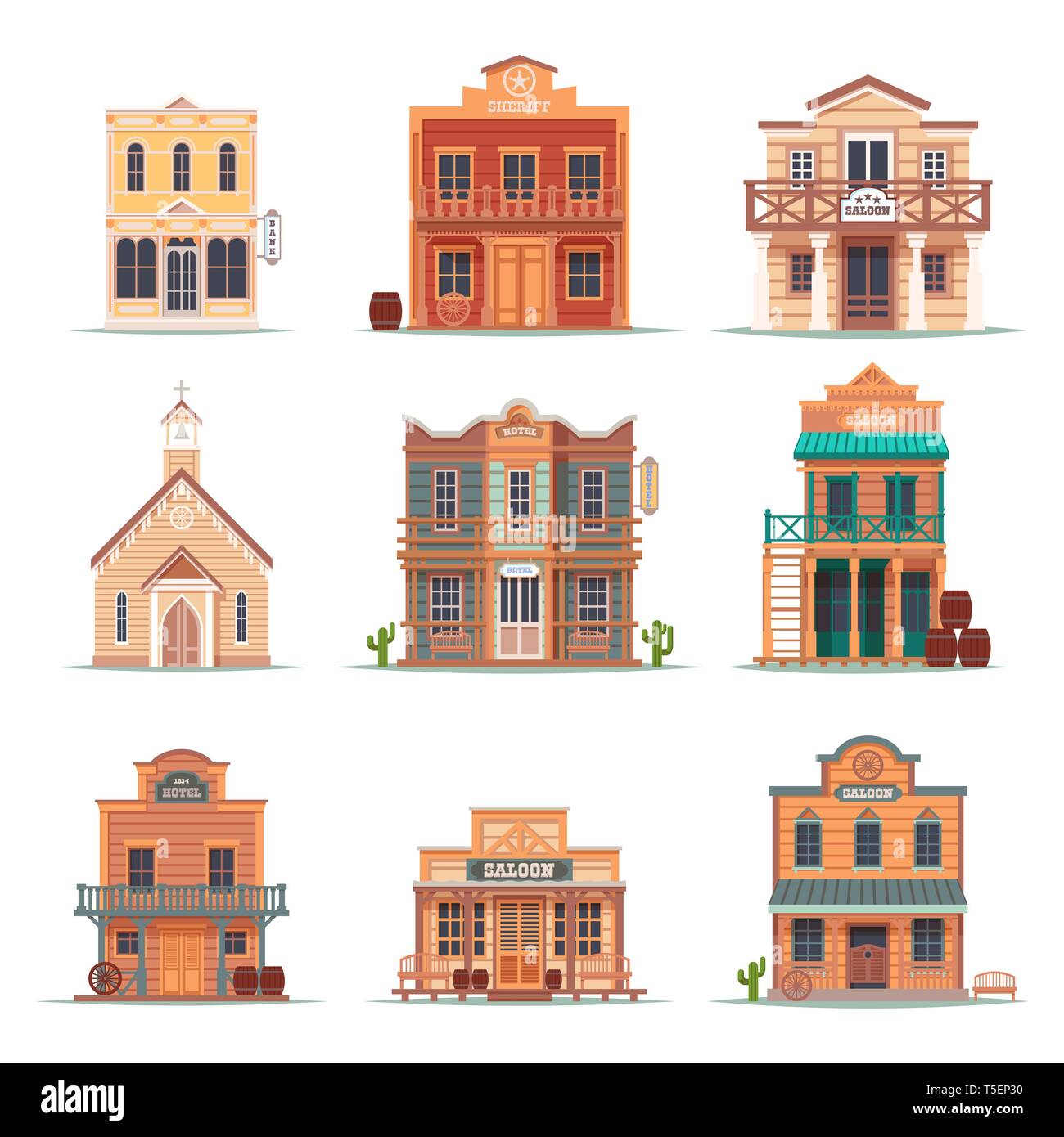 Set of isolated wild west, western building Stock Vector