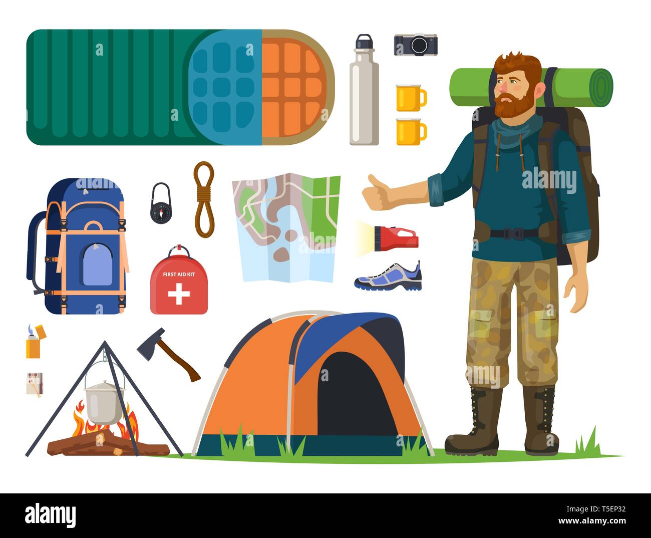 Isolated icons for tourism, journey. Man, backpack Stock Vector