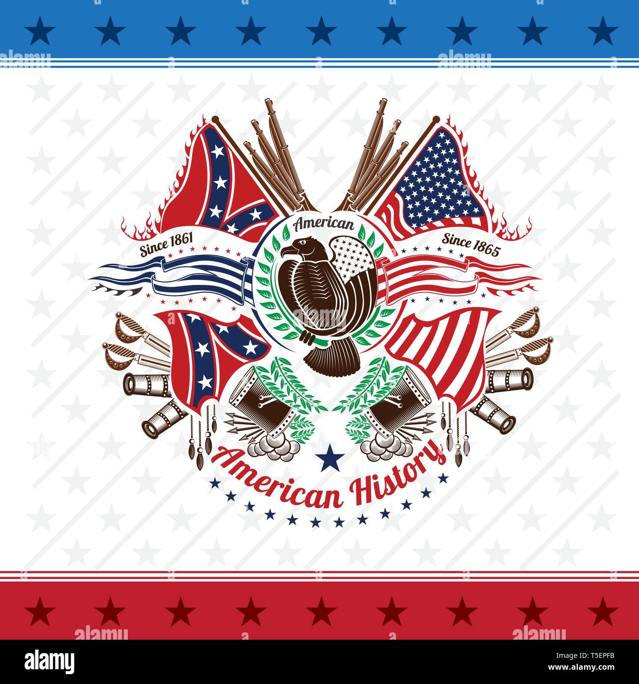 american civil war military background color coat of arms with eagle flags and weapons Stock Vector