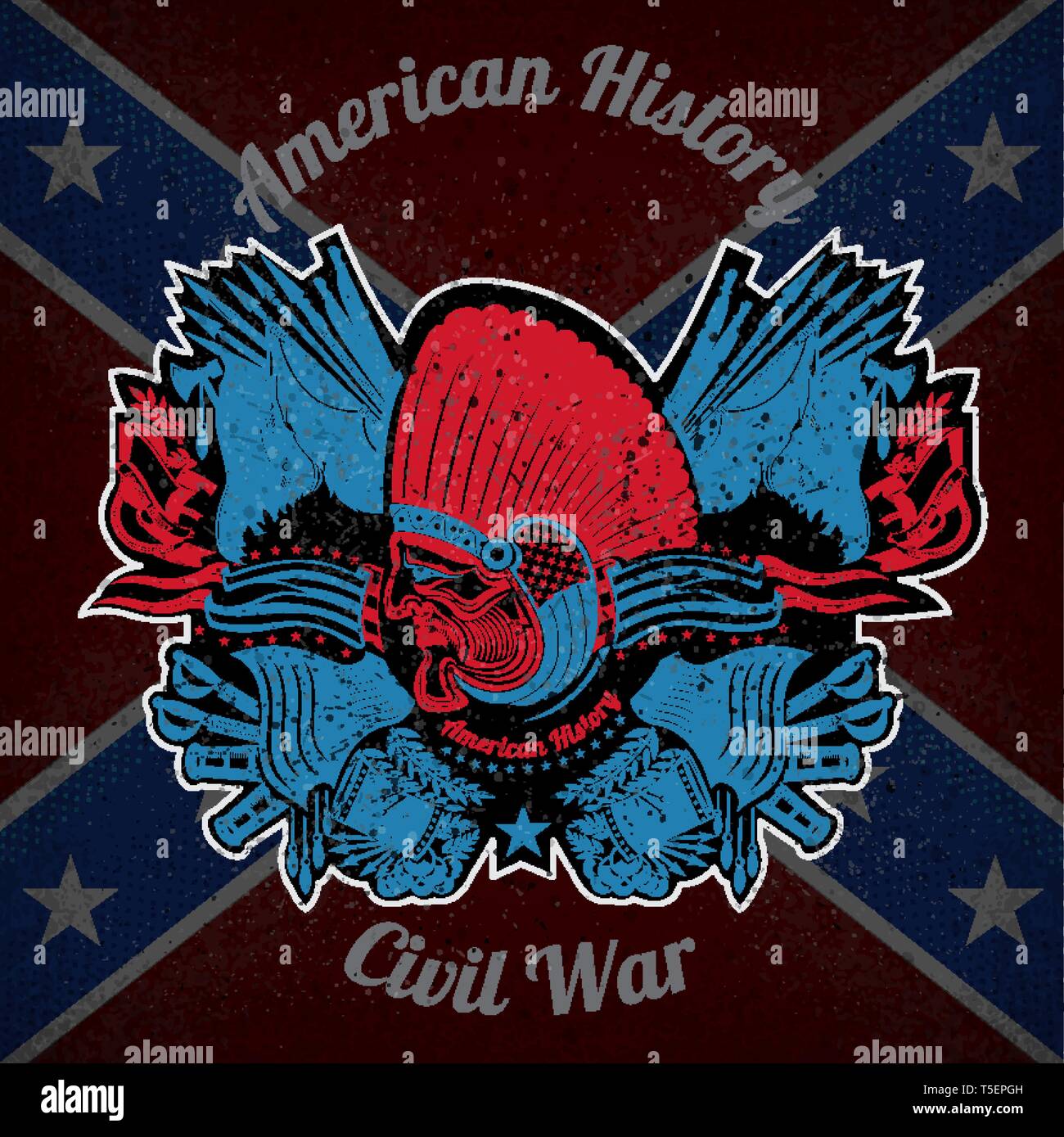 color print with indian head and vintage weapons on Confederate flag  background. Brand or T-shirt style Stock Vector Image & Art - Alamy