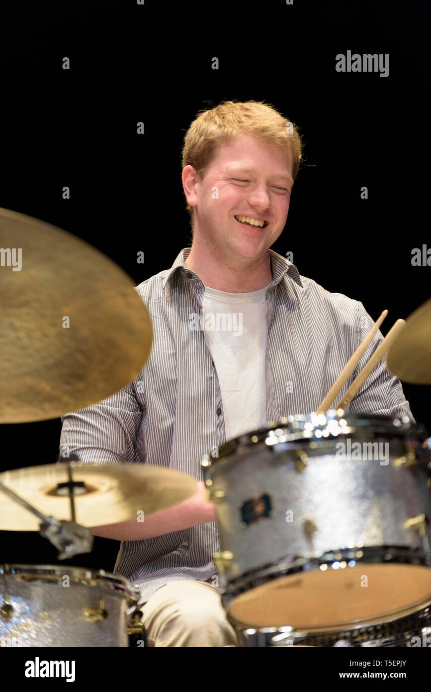 Scottish drummer and composer Johnathan Silk performing at the Cheltenham Jazz Festival, May 2, 2015. Stock Photo